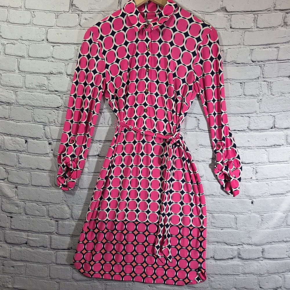 JM COLLECTION Dress Women Sz 2 Pink Geometric Print Half button‎ Long Sleeve